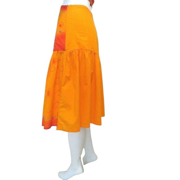 Madrid Hand Painted Drop Waist Skirt M Orange Gathered Knee Length Festival Mod - Picture 8 of 12